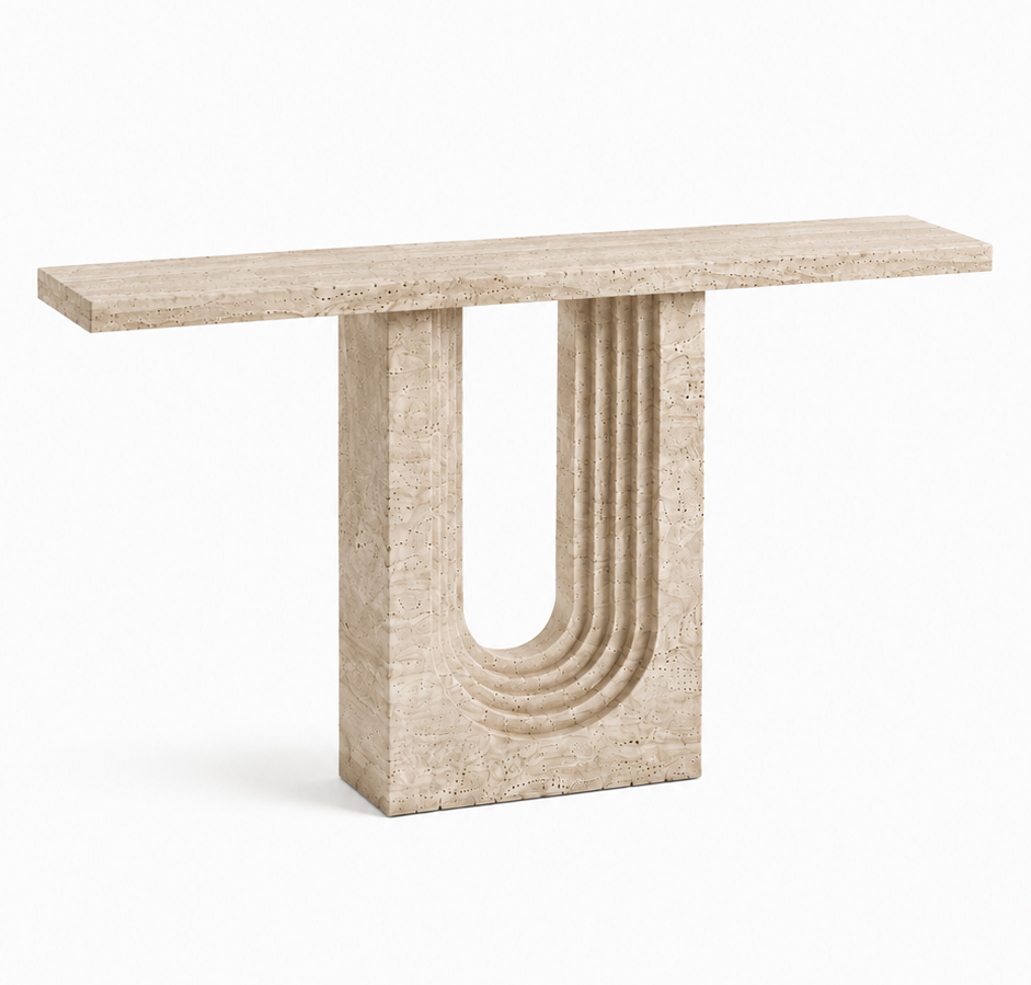 ORLENO solid natural travertine console table with sculptural U-form pedestal and handcrafted stepped stone detailing — view 5
