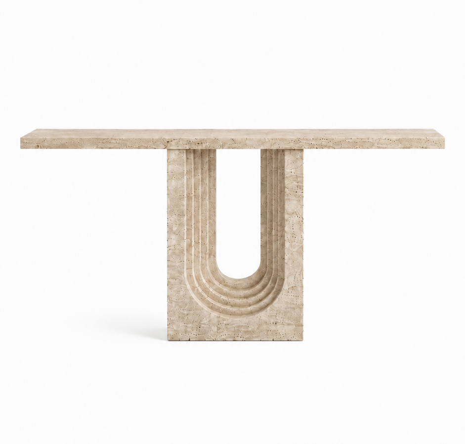 ORLENO solid natural travertine console table with sculptural U-form pedestal and handcrafted stepped stone detailing — view 6