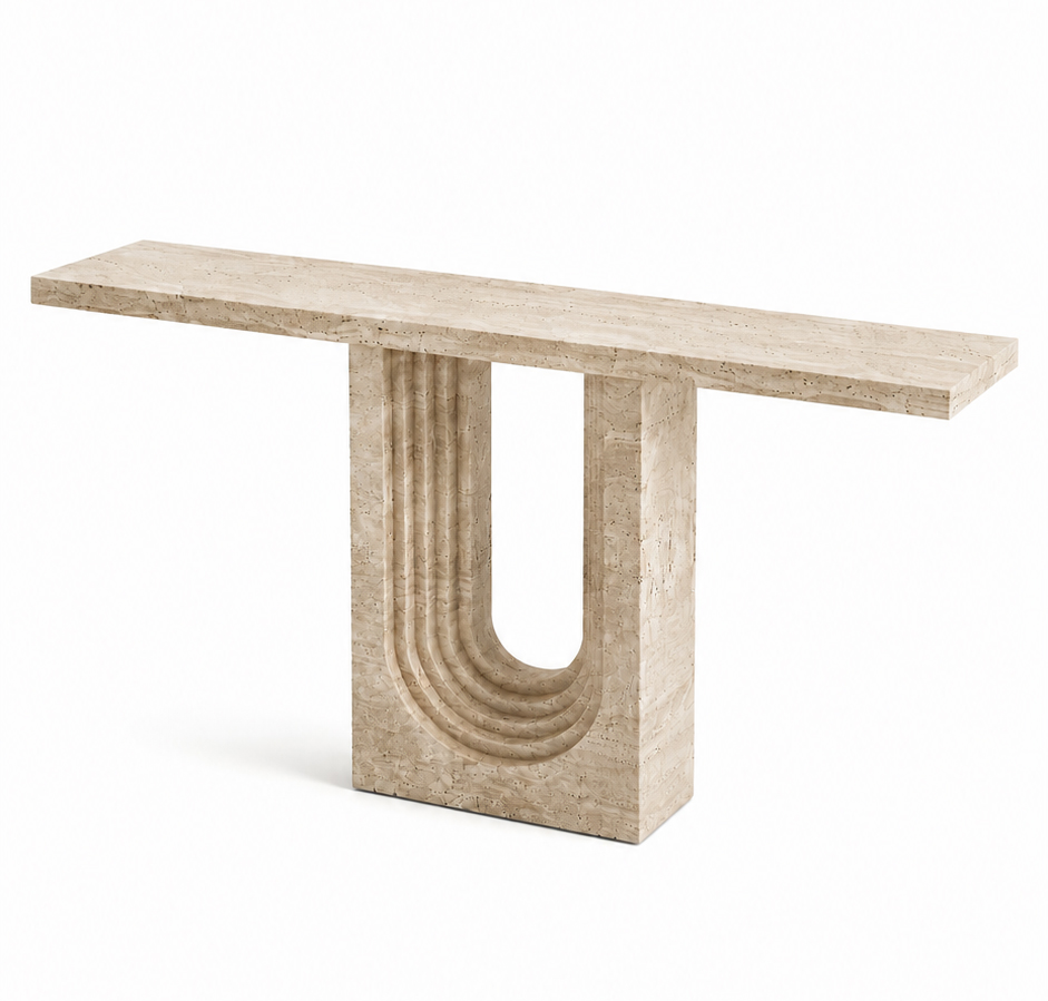 ORLENO solid natural travertine console table with sculptural U-form pedestal and handcrafted stepped stone detailing — view 7