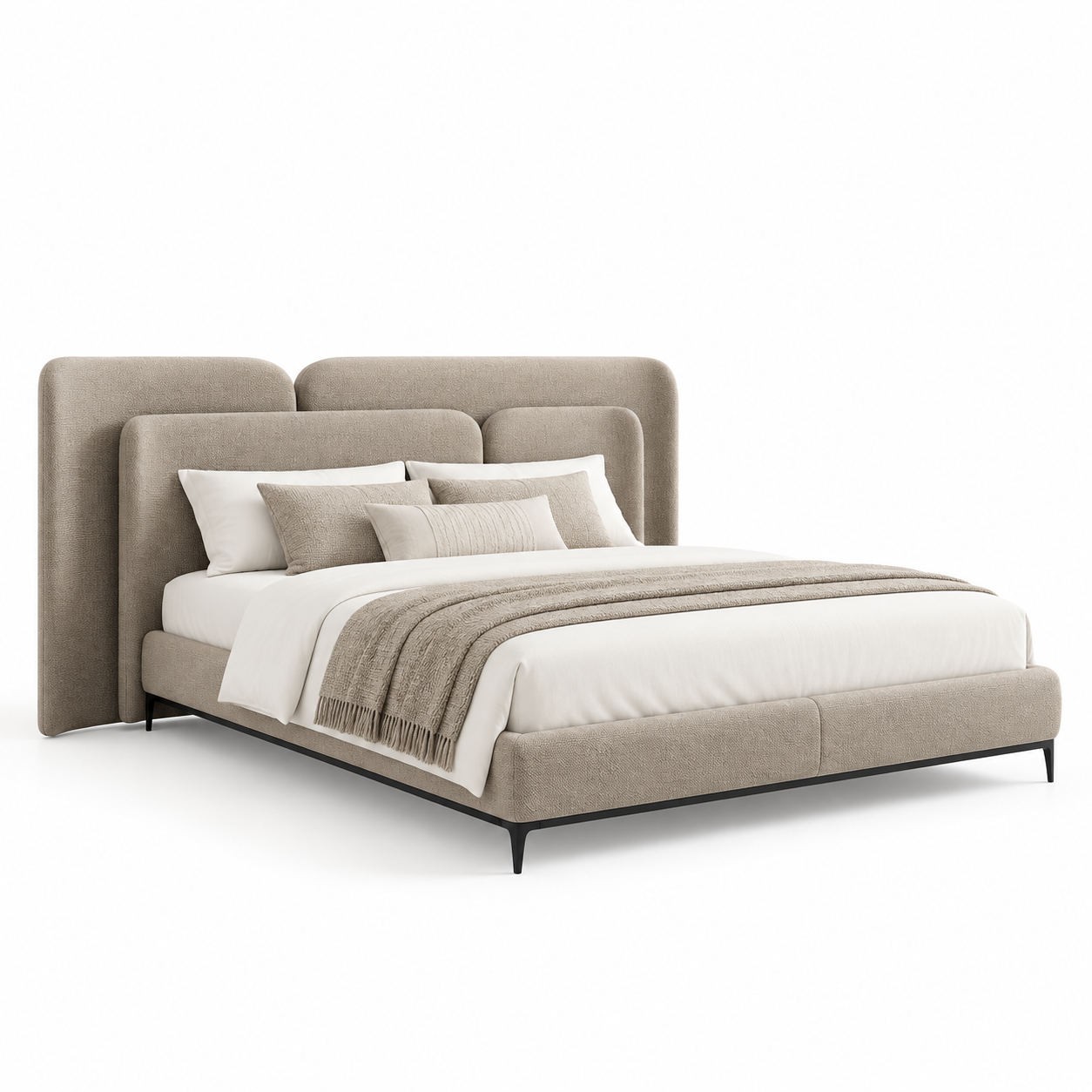 AVELINO luxury upholstered bed with oversized layered statement headboard, warm taupe fabric and dark walnut solid wood base — view 3