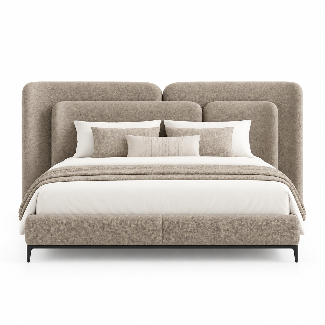 AVELINO luxury upholstered bed with oversized layered statement headboard, warm taupe fabric and dark walnut solid wood base — view 4