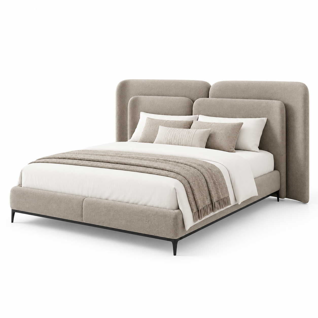 AVELINO luxury upholstered bed with oversized layered statement headboard, warm taupe fabric and dark walnut solid wood base — view 5