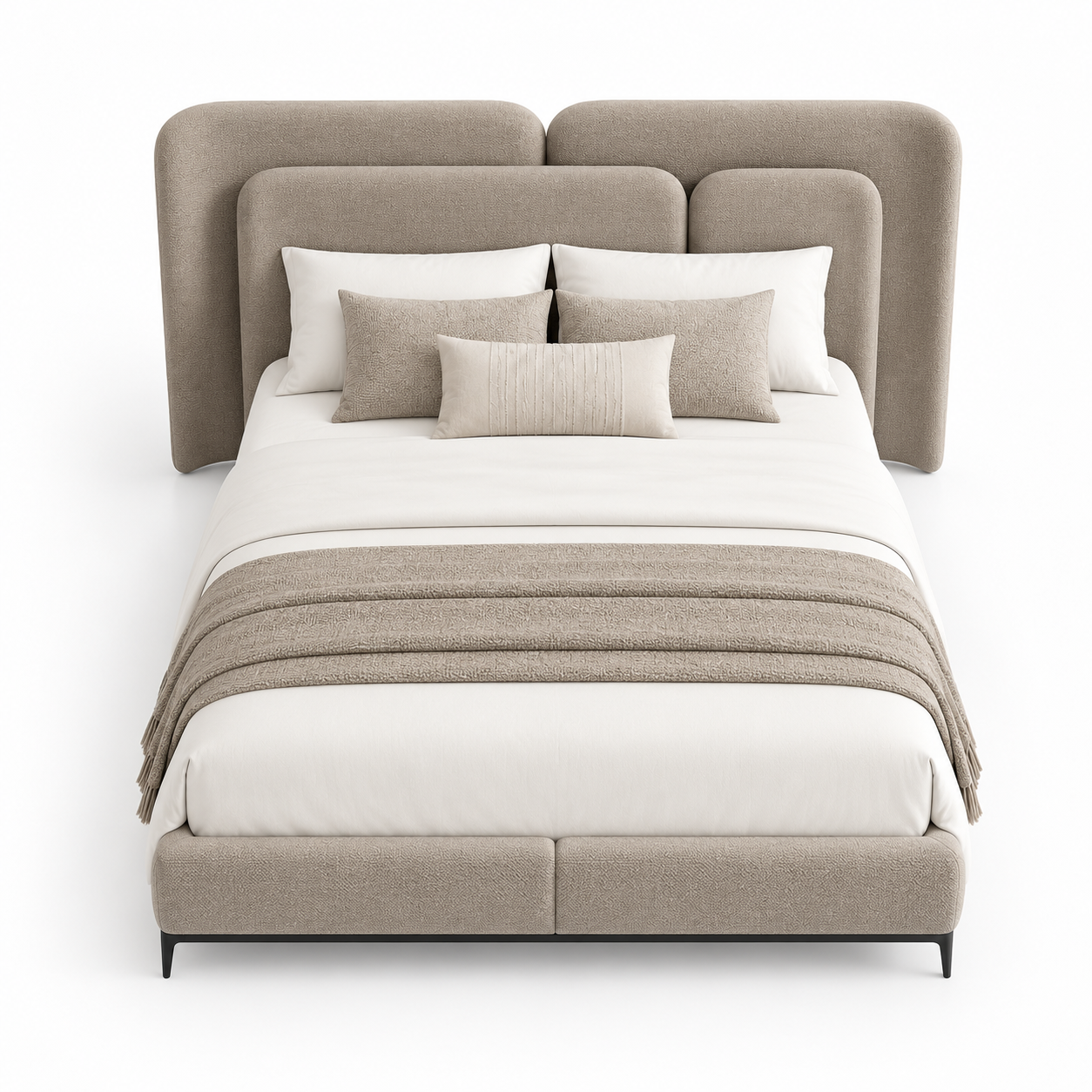AVELINO luxury upholstered bed with oversized layered statement headboard, warm taupe fabric and dark walnut solid wood base — view 6