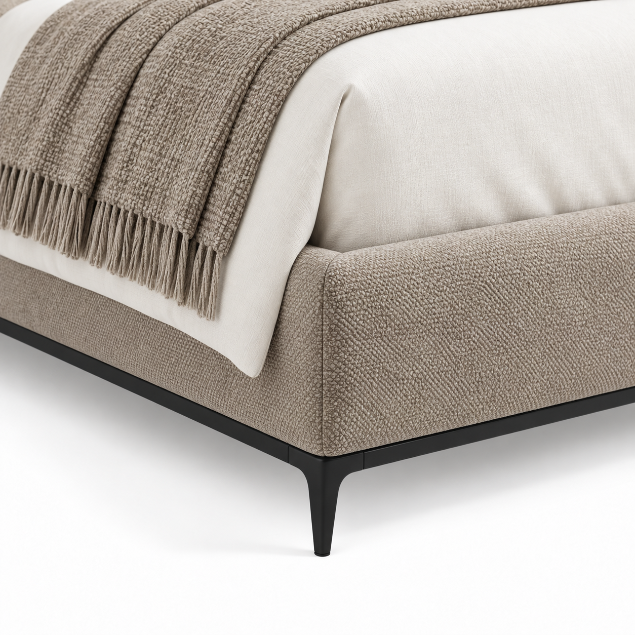 AVELINO luxury upholstered bed with oversized layered statement headboard, warm taupe fabric and dark walnut solid wood base — view 7