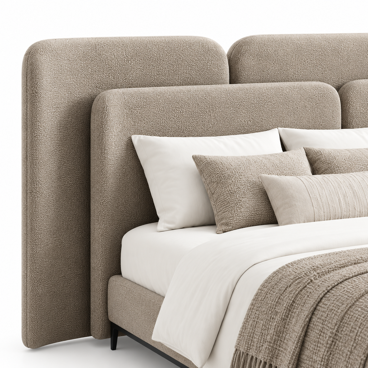 AVELINO luxury upholstered bed with oversized layered statement headboard, warm taupe fabric and dark walnut solid wood base — view 8