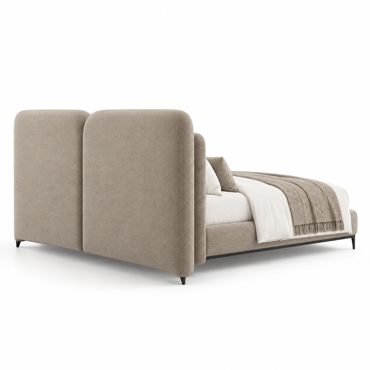 AVELINO luxury upholstered bed with oversized layered statement headboard, warm taupe fabric and dark walnut solid wood base — view 10