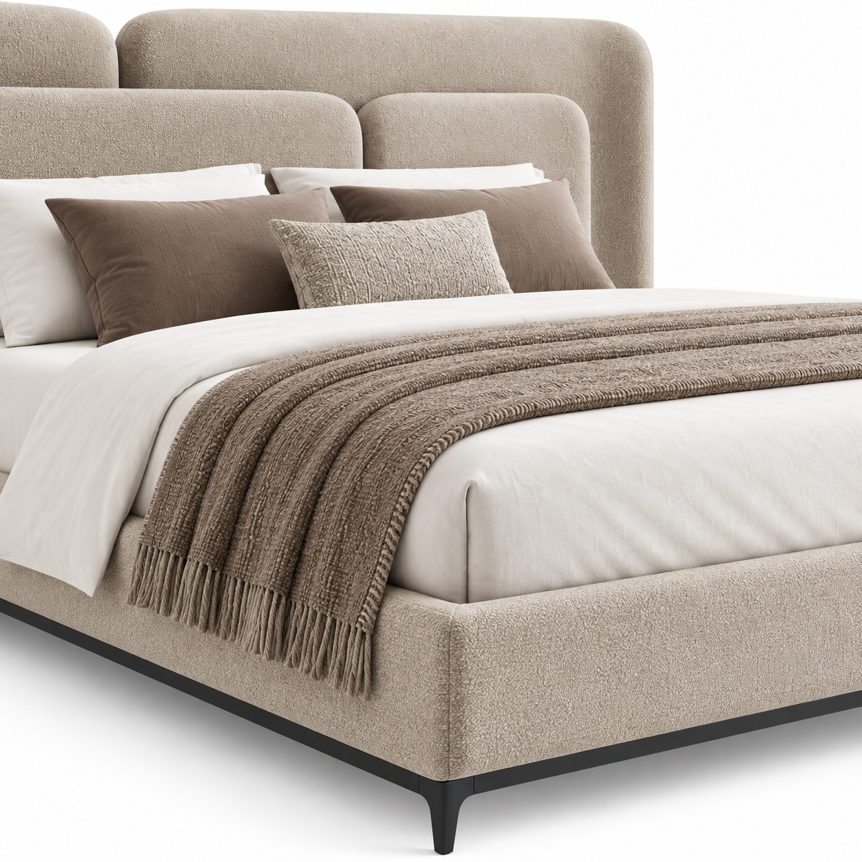 AVELINO luxury upholstered bed with oversized layered statement headboard, warm taupe fabric and dark walnut solid wood base — view 9