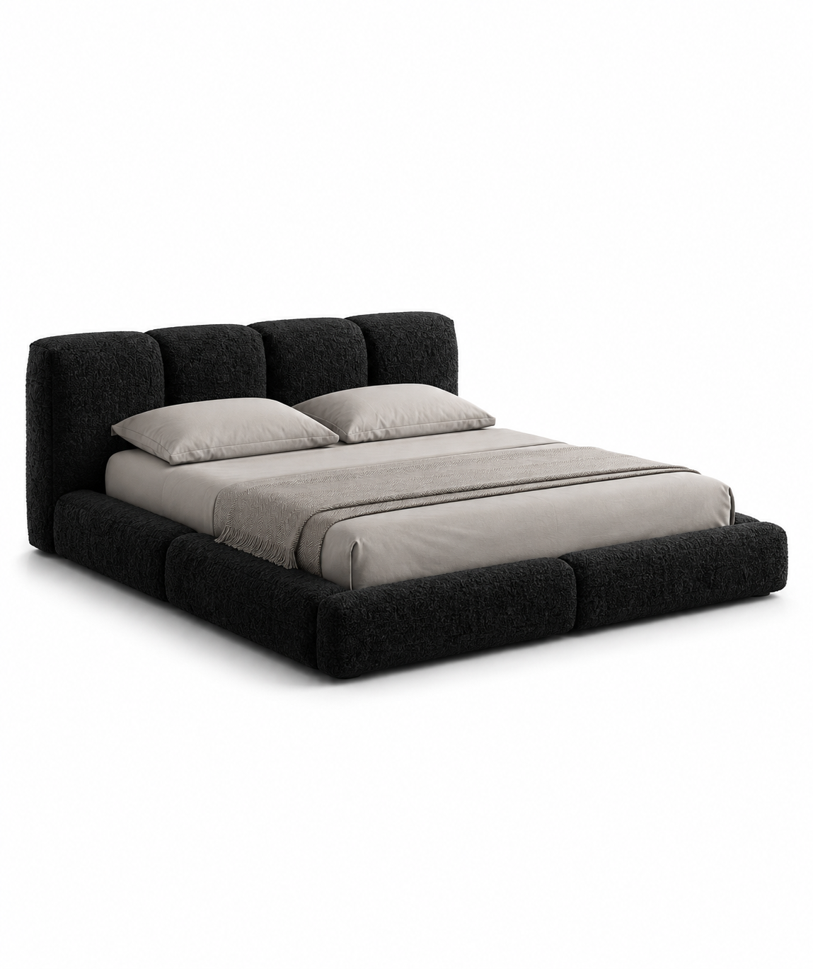 NEROVAN luxury low-profile platform bed with sculpted four-panel headboard, deep black textured upholstery and extra-wide padded frame — view 3