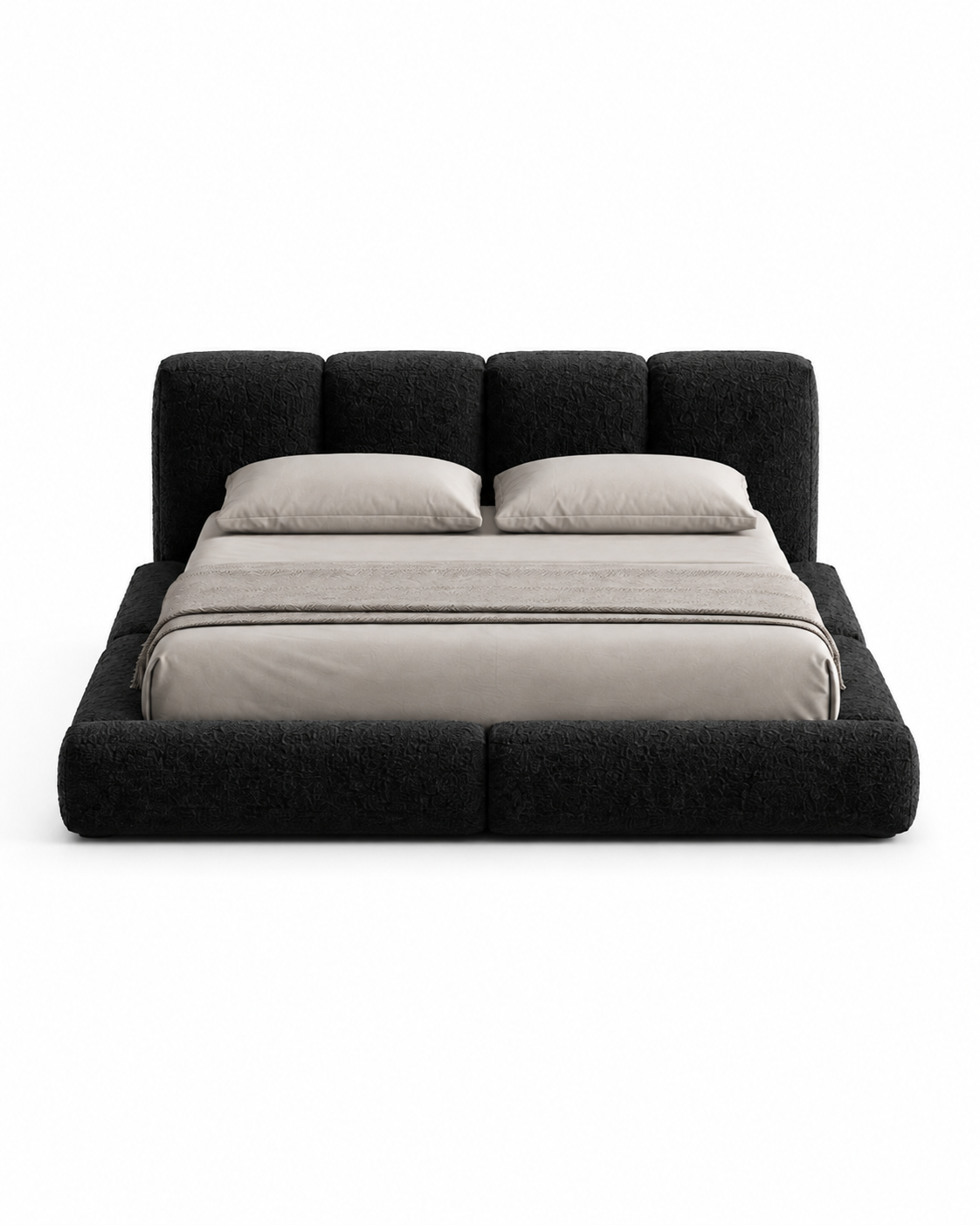 NEROVAN luxury low-profile platform bed with sculpted four-panel headboard, deep black textured upholstery and extra-wide padded frame — view 4
