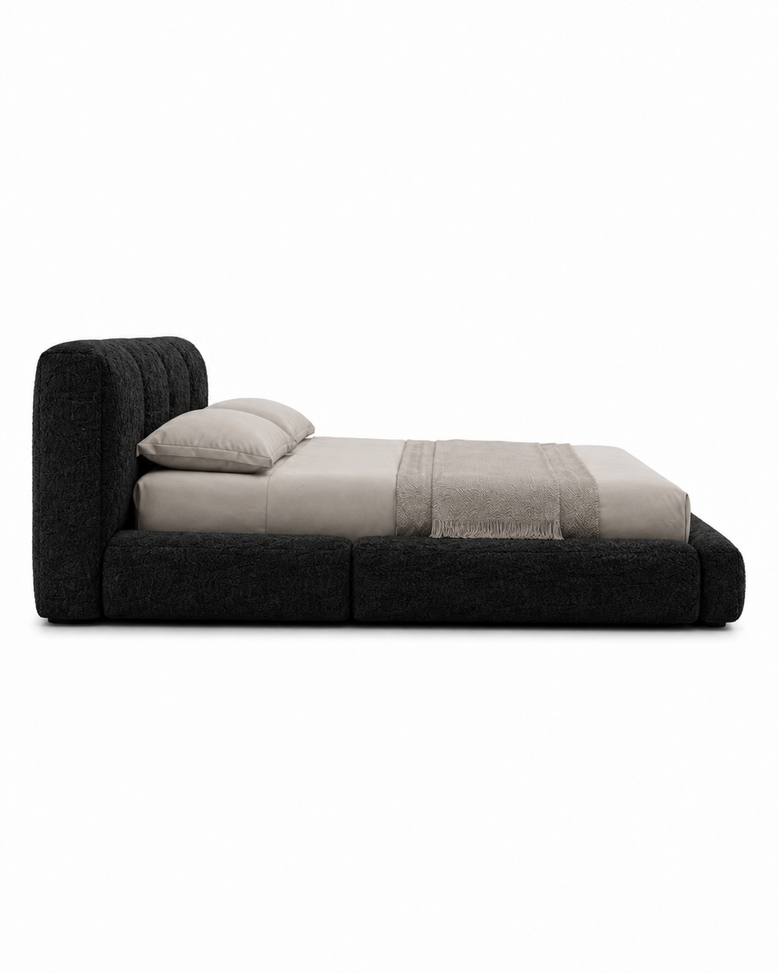 NEROVAN luxury low-profile platform bed with sculpted four-panel headboard, deep black textured upholstery and extra-wide padded frame — view 5