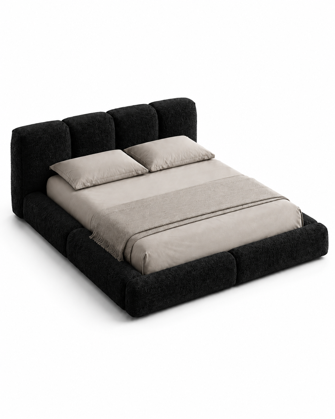 NEROVAN luxury low-profile platform bed with sculpted four-panel headboard, deep black textured upholstery and extra-wide padded frame — view 6