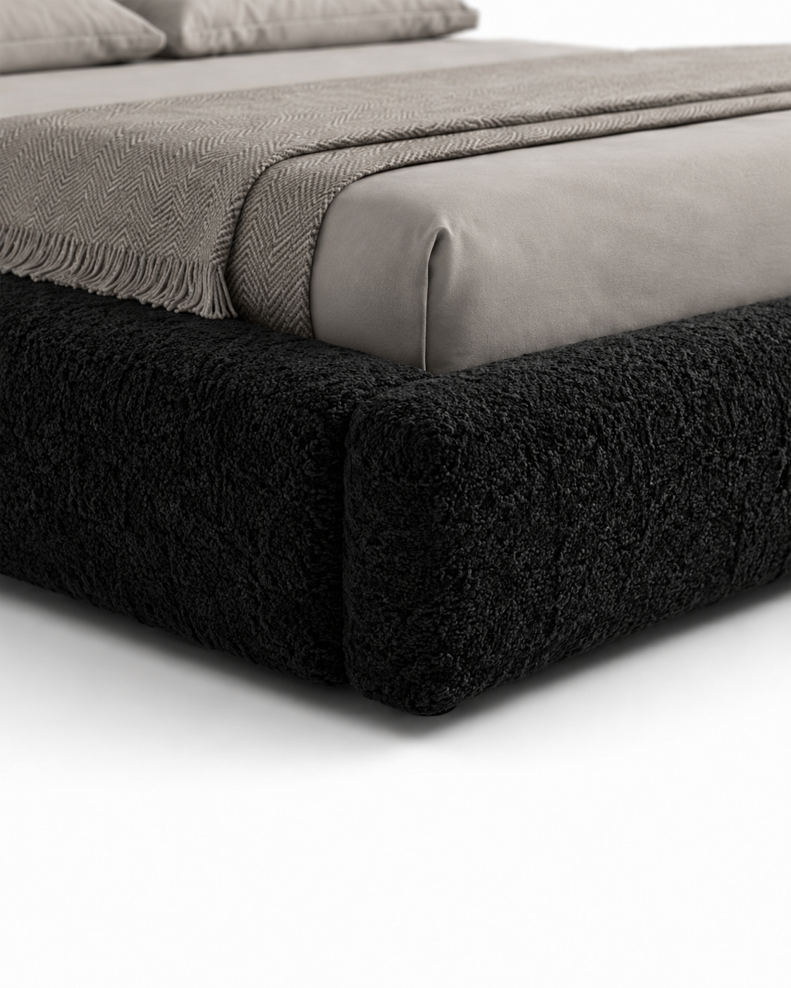 NEROVAN luxury low-profile platform bed with sculpted four-panel headboard, deep black textured upholstery and extra-wide padded frame — view 8