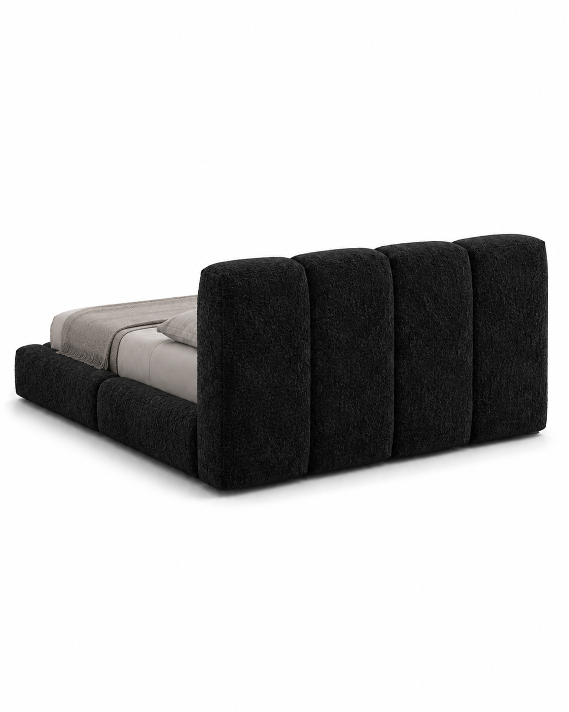 NEROVAN luxury low-profile platform bed with sculpted four-panel headboard, deep black textured upholstery and extra-wide padded frame — view 9
