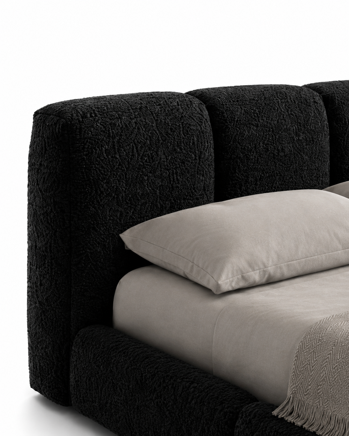 NEROVAN luxury low-profile platform bed with sculpted four-panel headboard, deep black textured upholstery and extra-wide padded frame — view 10