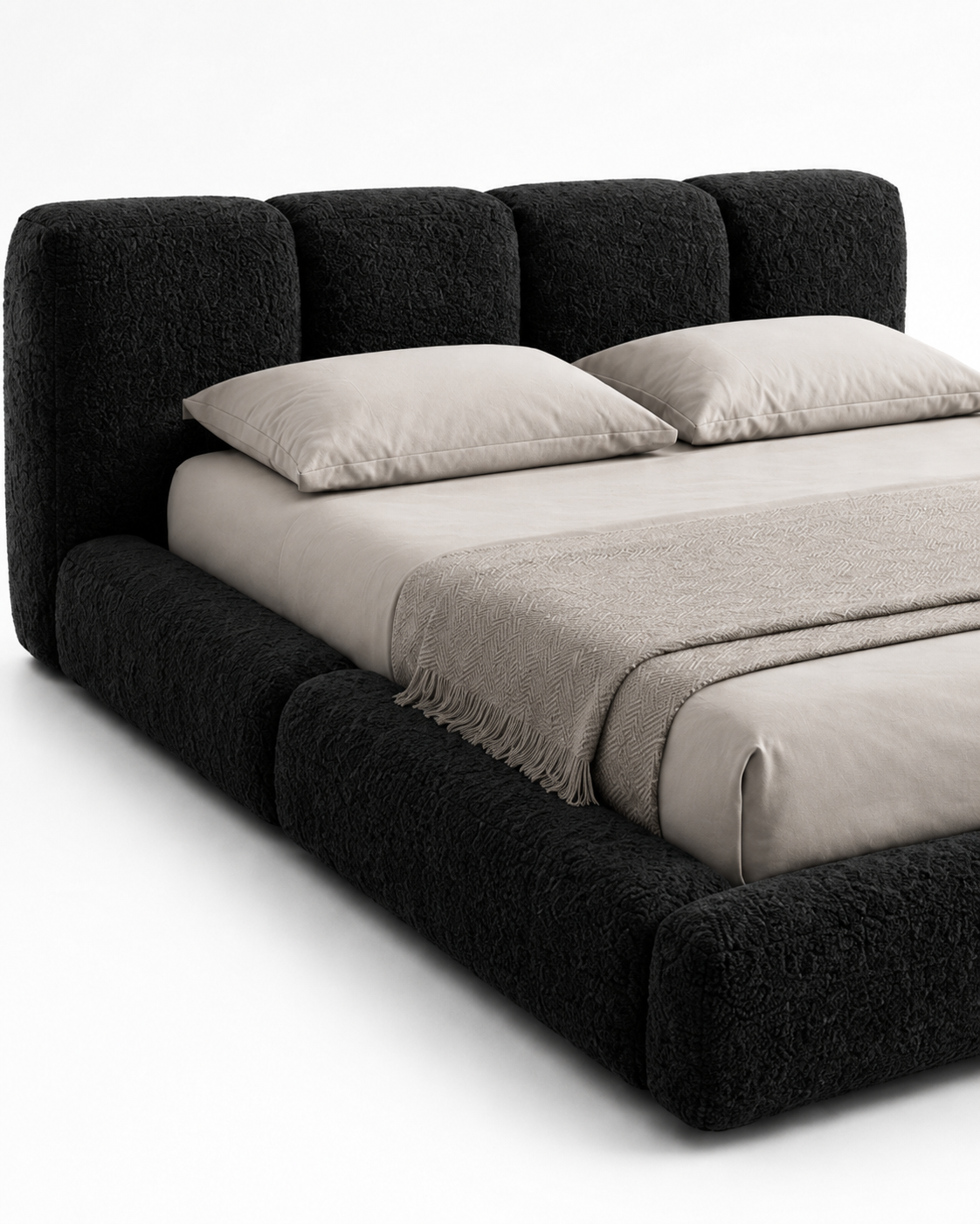NEROVAN luxury low-profile platform bed with sculpted four-panel headboard, deep black textured upholstery and extra-wide padded frame — view 11