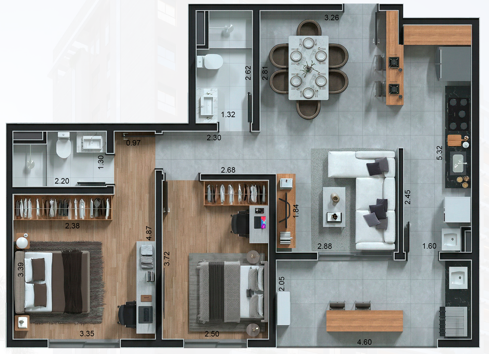 Planta residencial de 90 m²