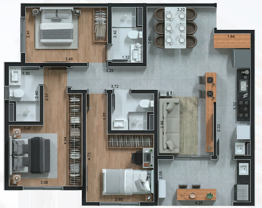 Planta residencial de 75 m²