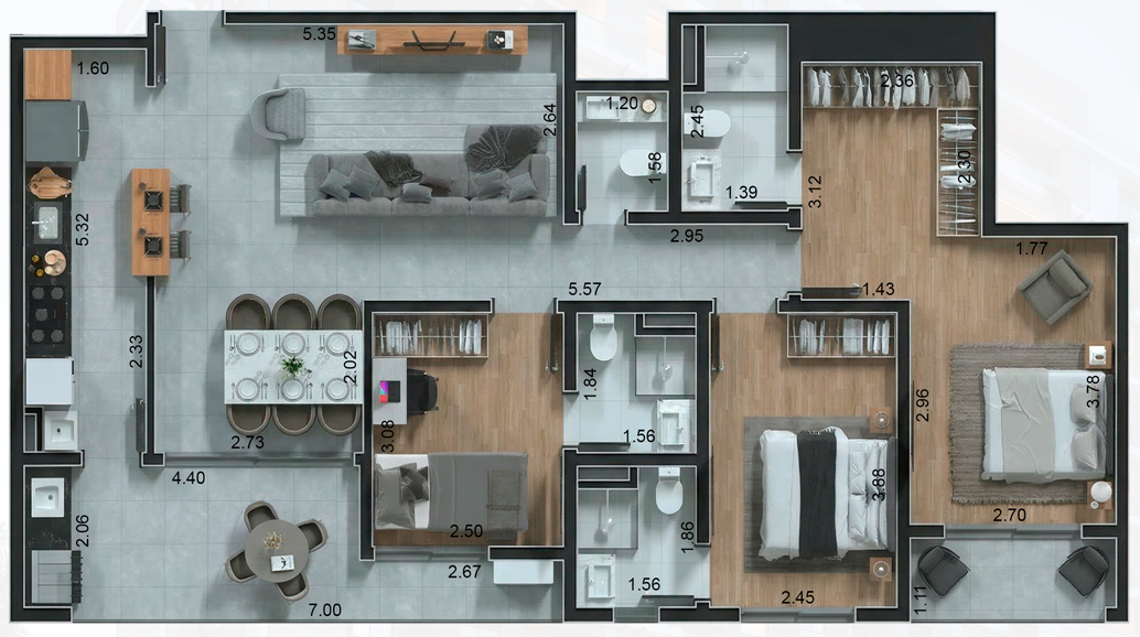 Planta residencial de 108 m²