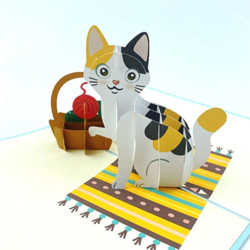 Thiệp 3D con mèo chơi với cuộn len size 13*18cm