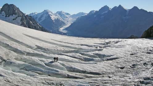  Preparing for Alpine Treks & Hikes |  - A vast, snow-covered glacier stretches out in the foreground, surrounded by towering, jagged mountain peaks in the background under a clear, blue sky. 1