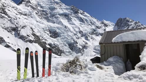  Caroline Hut Restock |  - Skis outside Caroline Hut, in front of the Caroline Face of Aoraki Mount Cook 1