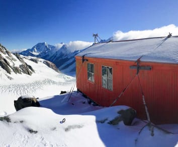 New Zealand High Alpine Huts - Tasman Saddle Hut - Tasman Saddle Hut above the Tasman Glacier in Aoraki Mount Cook National Park 3