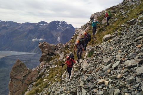 Aoraki Mount Cook Trek - Fitness & Experience - Hikers descending steep loose rocky ground, Ball Pass, Aoraki Mount Cook National Park