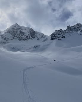Articles - Off the Grid in the Cass - A vast, snow-covered landscape with towering, rugged mountains in the background, and a set of footprints leading across the snowy expanse in the foreground.