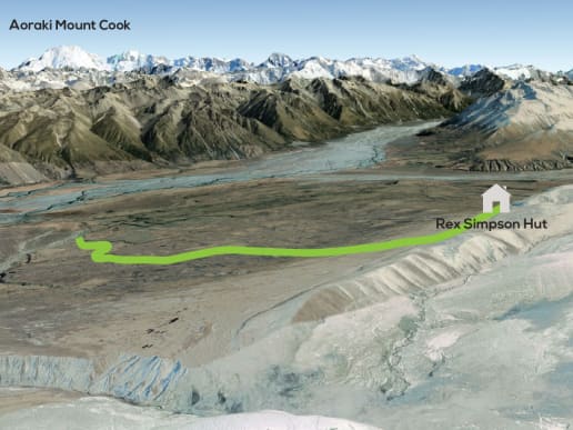 Alpine Lodge & Huts - Private Mountain Huts - Rex Simpson Hut - Rex Simpson Hut, Lake Tekapo - route and location - The image depicts a vast, rugged landscape with snow-capped mountains in the background, a glacial lake in the foreground, and a hiking trail winding through the valley. 4