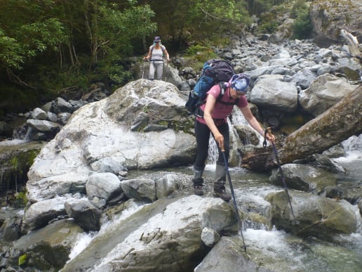 New Zealand Alpine Hikes, Trekking & Snowshoeing - New Zealand Trek & Raft Adventures - Brodrick Pass - Landsborough Trek & Raft - Landsborough Valley - river crossing - Landsborough Valley - river crossing 13