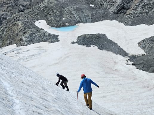New Zealand Alpine Instruction Courses - Mountaineering & Climbing Instruction Courses - Introductory Mountaineering Course - Practicing crampon and ice axe techniques on the Ball Glacier - Learn safe snow and ice movement skills, mountaineering skills, Aoraki Mount Cook National Park 1
