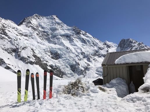 New Zealand Backcountry Skiing & Split-boarding - New Zealand's Best Glacier Touring & Ski Mountaineering - Ski Mount Cook Range - Skis outside Caroline Hut in front of Aoraki Mount Cook - Skis outside Caroline Hut in front of Aoraki Mount Cook 10