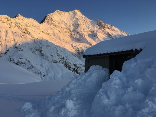 New Zealand Backcountry Skiing & Split-boarding - New Zealand's Best Glacier Touring & Ski Mountaineering - Ski Mount Cook Range - Sunrise on the Caroline Face of Aoraki Mount Cook at Caroline Hut - Sunrise on the Caroline Face of Aoraki Mount Cook at Caroline Hut 11