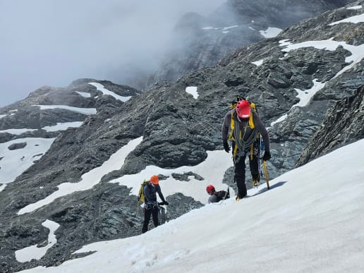 New Zealand Alpine Instruction Courses - Mountaineering & Climbing Instruction Courses - Intensive Mountaineering Skills Course - Practicing crampon and ice axe skills near Ball Pass, Aoraki Mount Cook - Learning safe movement skills using crampons and ice axe on a mountaineering instruction course, Ball Glacier, Aoraki Mount Cook National Park 14