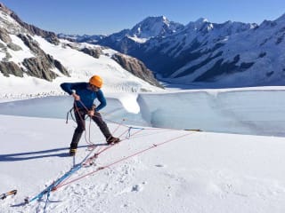 Mountaineering Skills Courses feature image - Crevasse rescue practice on the Tasman Glacier, Aoraki Mount Cook National Park