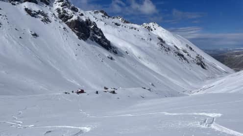Cass Valley O'Leary's Hut | Ski touring from the hut door - Ski tracks in fresh snow above O'Leary's Hut in the Cass Valley, Lake Tekapo 1