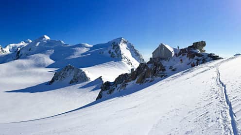 Tasman Glacier Kelman Hut | A High Alpine Base at the head of the Tasman Glacier - A snow-covered mountain landscape with towering peaks and a winding trail leading through the snowy terrain under a clear blue sky. 1