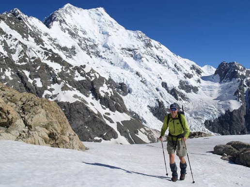New Zealand Alpine Hikes, Trekking & Snowshoeing - New Zealand Alpine Treks & Hikes - Aoraki Mount Cook Trek - Trekker on Ball Ridge in front of Caroline Face - Trekker on Ball Ridge in front of Caroline Face 2