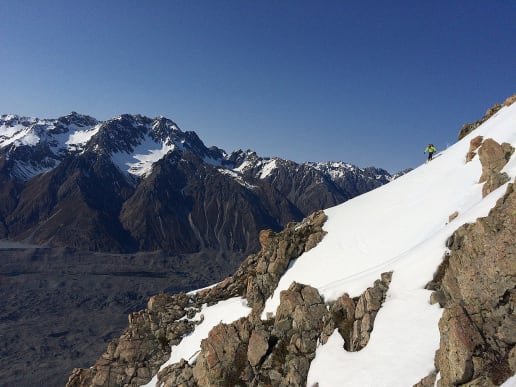 New Zealand Backcountry Skiing & Split-boarding - New Zealand's Best Glacier Touring & Ski Mountaineering - Ski Mount Cook Range - Skiing steep slopes and couloirs near Caroline Hut, above the Tasman Valley - Skier descending steep terrain near Caroline Hut, Aoraki Mount Cook National Park 4