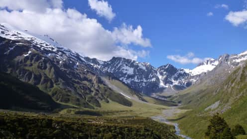  A Wild Mountain Journey | Crossing Brodrick Pass and Rafting the Landsborough River - View of the upper Huxley Valley, North Branch from Brodrick Hut. Brodrick Pass and Mt Mackenzie on the left.  1