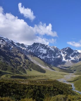 Articles - A Wild Mountain Journey - View of the upper Huxley Valley, North Branch from Brodrick Hut. Brodrick Pass and Mt Mackenzie on the left. 
