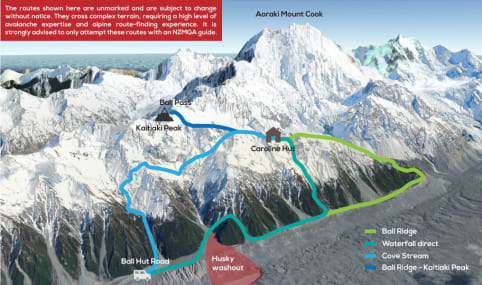 Introductory Mountaineering Course - Course Itinerary - A mountainous landscape with snow-capped peaks, glaciers, and various hiking routes and trails marked on the map. 1