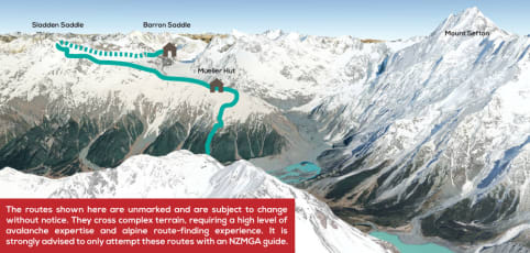 Sealy Range Traverse - Sealy Range Traverse - The image depicts a mountainous landscape with snow-capped peaks, glaciers, and a winding turquoise river or stream in the foreground. The terrain appears rugged and challenging, with various labeled routes and landmarks indicated on the map. 1