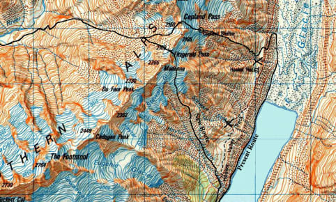 Fitzgerald Pass Crossing - Fitzgerald Pass Crossing - A detailed topographical map displaying a rugged, mountainous landscape with winding rivers, valleys, and various terrain features. 1
