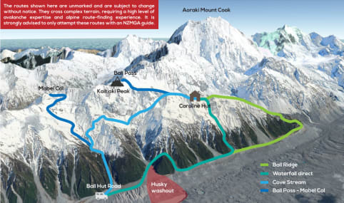 Intensive Mountaineering Skills Course - Course Itinerary - The image depicts a detailed topographical map of a mountainous region, with various hiking trails, streams, and peaks labeled, including the prominent Aoraki/Mount Cook in the background. 1