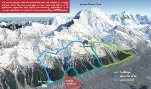 Aoraki Mount Cook Trek - Aoraki Mount Cook Trek - The image depicts a mountainous landscape with snow-capped peaks, including the prominent Aoraki/Mount Cook, and shows various hiking routes and trails through the rugged terrain. 1
