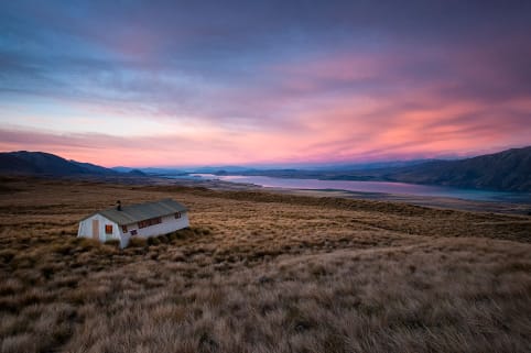 Venue: Rex Simpson Hut (summer) - Sunset at Rex Simpson Hut, Two Thumb Range, Lake Tekapo (photo: K. Bowie)
