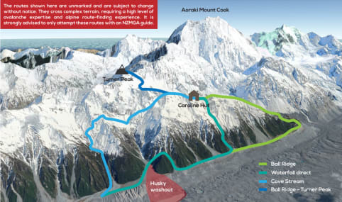 Turner Peak - Turner Peak - The image depicts a detailed topographical map of a mountainous region, with various hiking trails and routes marked in different colors, set against the backdrop of a majestic, snow-capped mountain range. 1