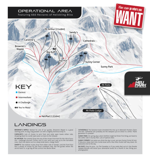 Potts Range Ski & Split-board Tours - Erewhon Hut Ski & Split-board Tours - This is a map of an operational area, featuring various ski runs, lines, and landmarks in a snowy, mountainous landscape. 1_3