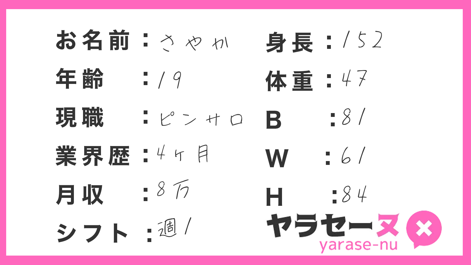 未経験でピンサロ勤務する女性のプロフィール